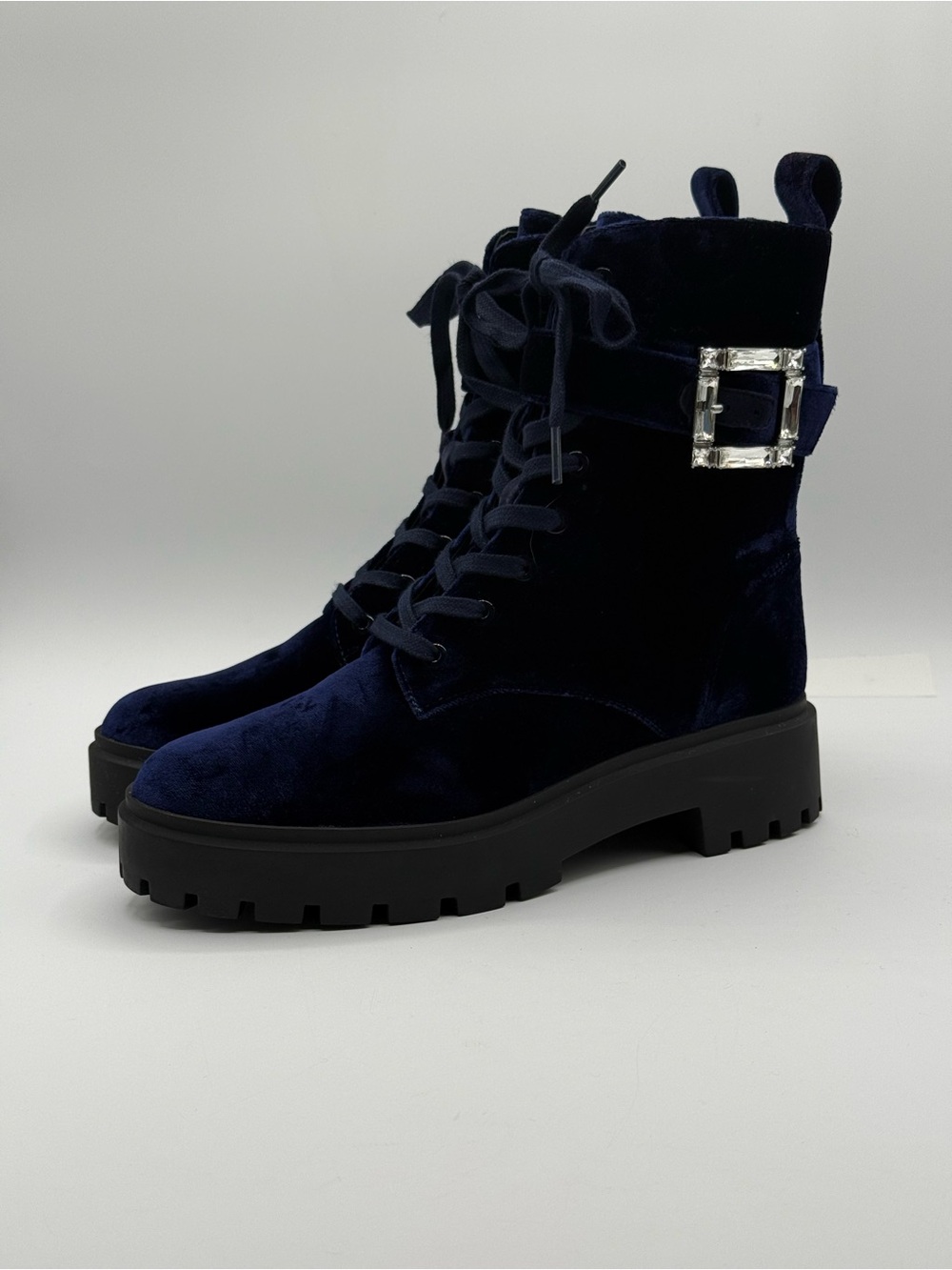 Stuart Weitzman June Velvet Combat Boots Navy Blue Chunky Lug Sole Buckle - Picture 13 of 17